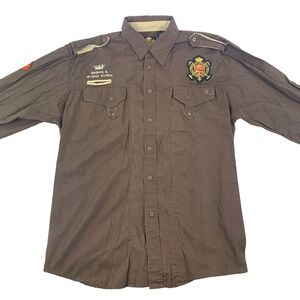 VTG Old Skool Jeans Co Shirt Mens Sz L Brown Military Style Button Up Gold Patch